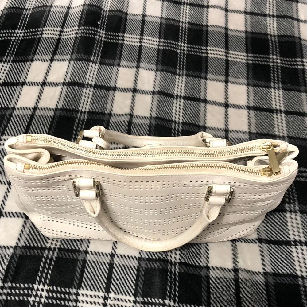 Tory Burch White Perforated Leather Tote with Gold Logo